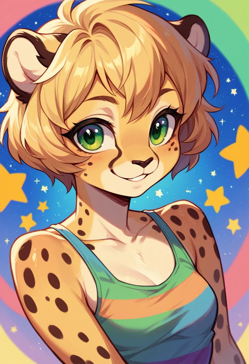 Anthropomorphic, cute, cheetah woman, short chic blonde hair, green eyes, hourglass, small breasts, colorful rainbow striped tank top, cheerful smile, portrait, stars background