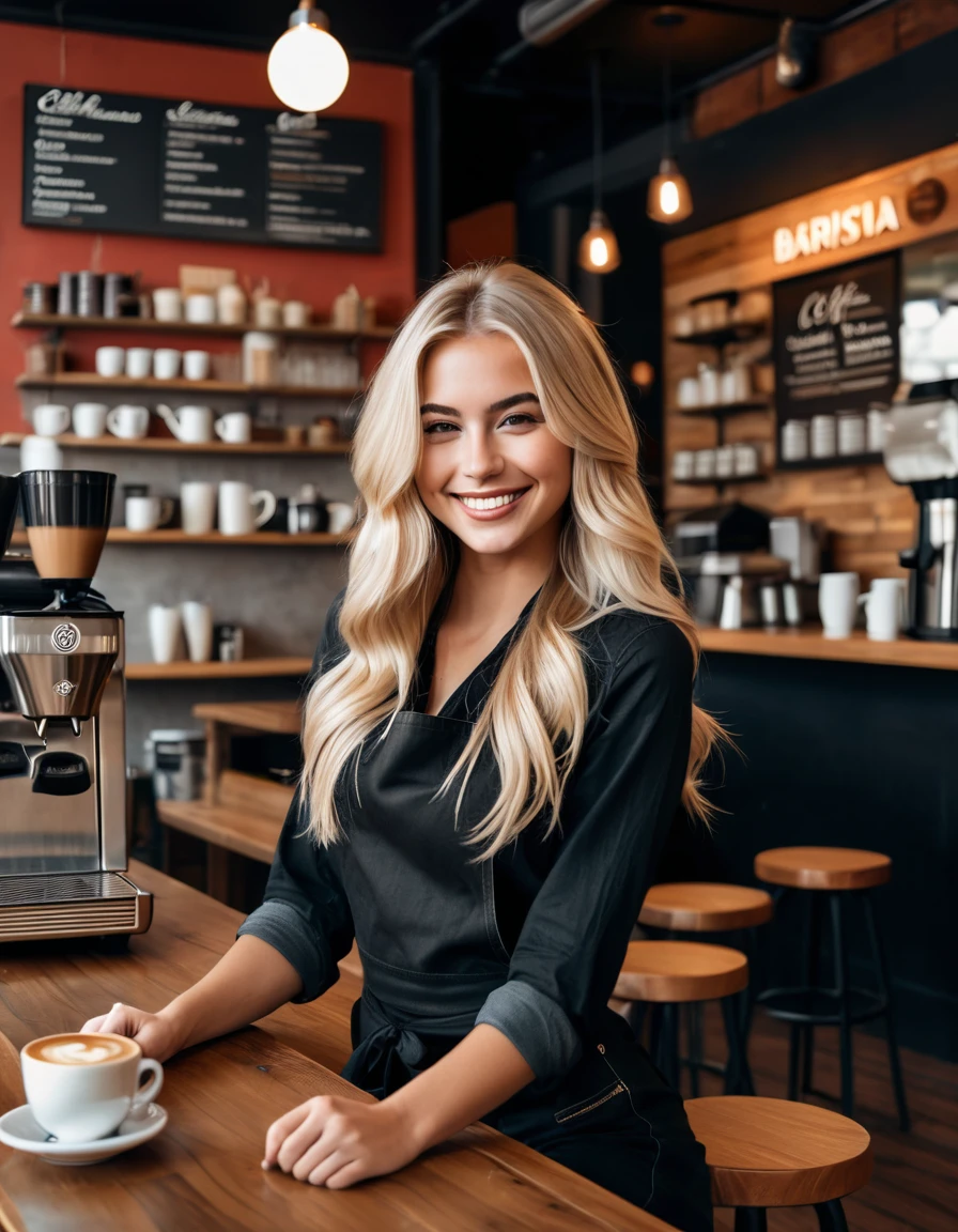 beautiful blonde woman, pretty smile, medium long hair, fit, sexy barista, full body photo, crossing legs, coffee shop environment