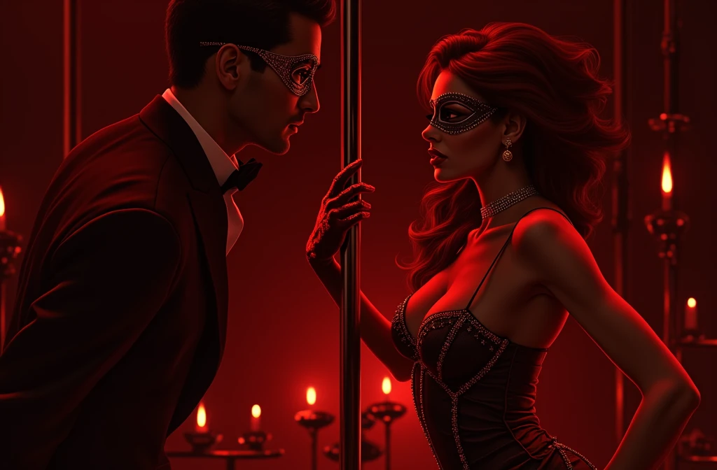 Create a book cover, a casino tycoon and a masked nightclub dancer, the woman wears a sensual outfit, the lips painted red. place elements like playing cards, pole dance