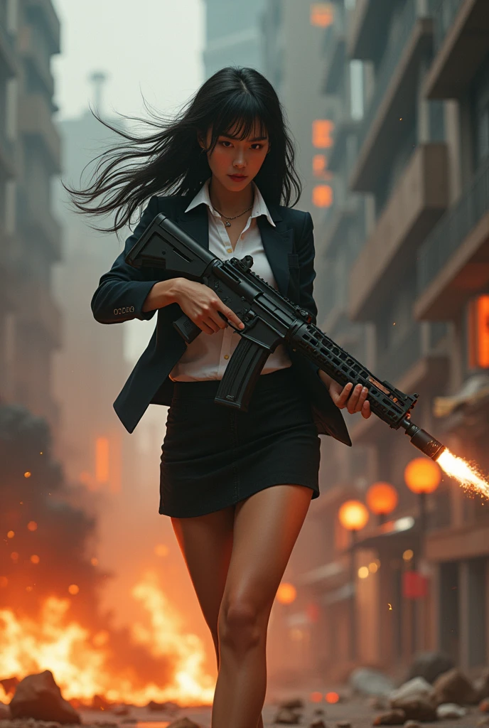 beautiful chinese office lady mini skirt realistic machine gun toting hip firing real person legs apart standing rampage shooting