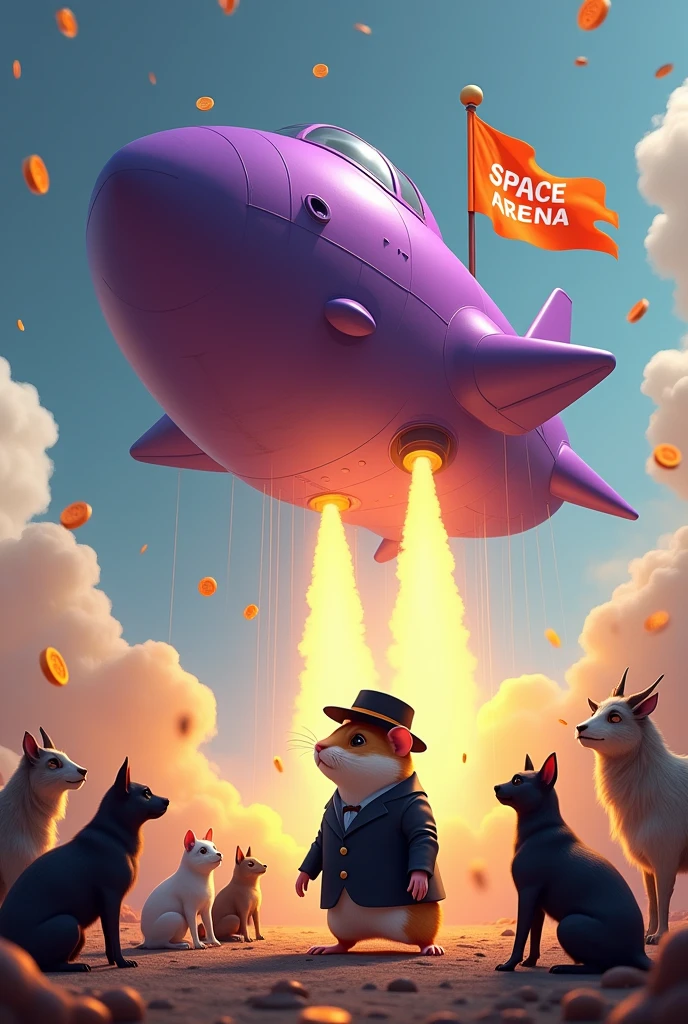 A violet colored space ship that has an orange  flag written "SPAACE ARENA" in  orange colour.it is going up fast and the ground is dusty due to the take off. There are black dog saying 'woof' cats saying meeeow  goats frogs and an big animated  hamster wearing a suit looking up towards the space ship as it takes off . The space ship should appear like it is dropping alot of gold coins as it goes up. All animals should be facing the space ship like watching a sunset  . Make it look realistic.
This should reflect crypto currencies and the crypto world of airdrops . Please remove horns from the hamster put a hat on it and a black suit. Reduce the colors to be less shouting and add more gold coins

