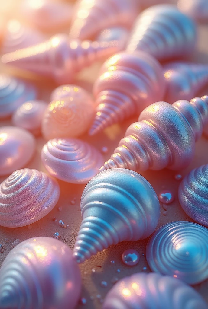 (photorealism: 1.2), photo realistic of iridescent seashells