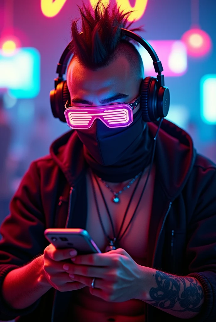 cyberpunk Man With cybernetic implants in his head and eyes, a relaxed face looking at his cell phone, With ninja outfit, mohawk hair, anarchy mask, neon headphones and a sample abdomen with a semi-hidden tattoo, Nightclub background 