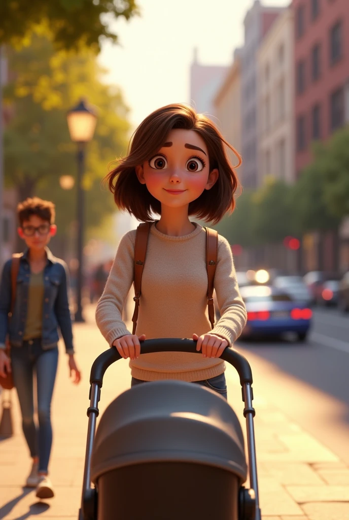 Create what the character Riley from Inside Out 2 would look like but with medium brown hair, neither long nor short if I were on the street pushing a baby stroller