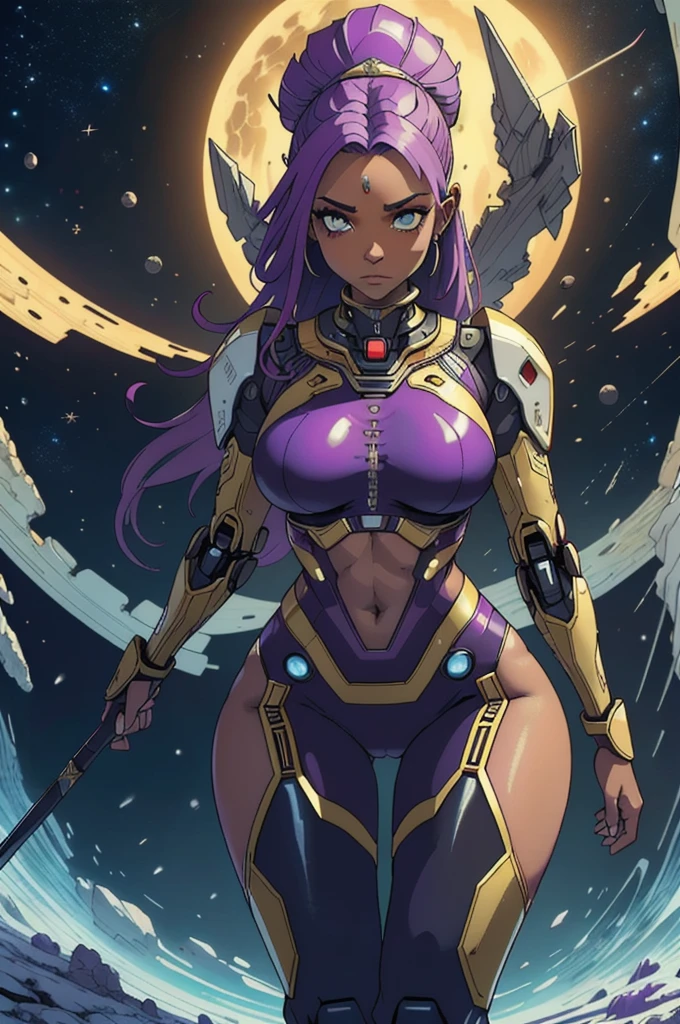 masterpiece, top quality, best quality, official art, afro queen warrior very beautifully and gorgeous, super sexy "Athena beauty warrior goddess" and aesthetic:1.2), (1ebony intense erotic girl in action), (fractal art:1.2), absurder's, high-res, ultra detailed, Ultra-precise depiction, Ultra-detailed depiction, solo, (zentangle:1.2), red eyes, floating purple hair (skinny, thin body: 1.2), tanned skin, shiny skin, big ass, enormous super extra big tits, (abstract:1.2),cbpkv5, pantyhose,looking at viewer, full best body, sensual cyberpunk astronaut robot, complex muscular robot, halo, in a mystery, dangerous and savage planet in a sci-fi very intense combat in space battle, carrying and lifting a spear voluptuous and seductive goddess