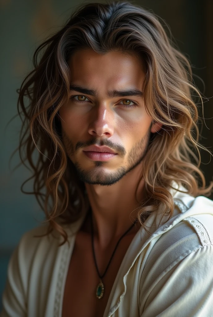 man who is 21 years, white norwegian male, masculine features, the most beautiful man, long brown hair, hunting amber eyes, greek god beauty, ethereal beauty,hunter eyes, hot body, sexy, passionate, V chin, L shape jawline, hollow cheeks, high set cheekbones