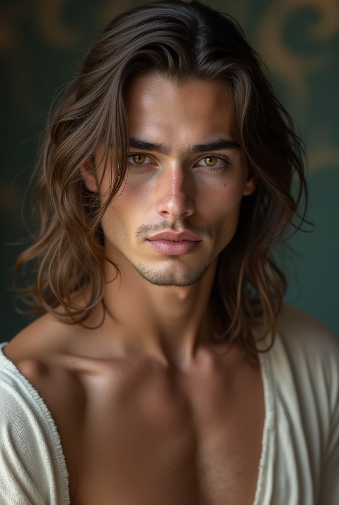man who is 21 years, white norwegian male, masculine features, the most beautiful man, long brown hair, hunting amber eyes, greek god beauty, ethereal beauty,hunter eyes, hot body, sexy, passionate, V chin, L shape jawline, hollow cheeks, high set cheekbones