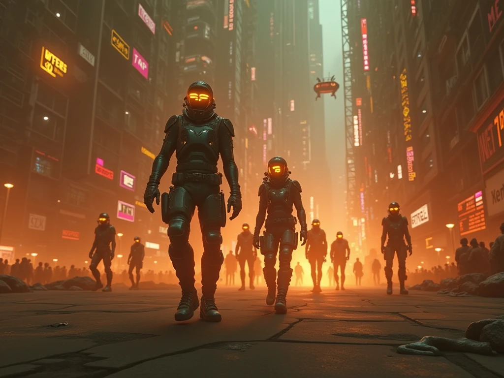create a poster of a movie called “THE LAST RESISTENCE: Android uprising” with post-apocalyptic and aliens in a city destroyed by war