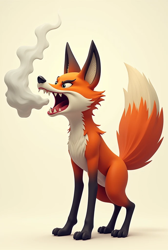 Side view of a 3D fox blowing air with full force from mouth forcefully with expression of exertion.
