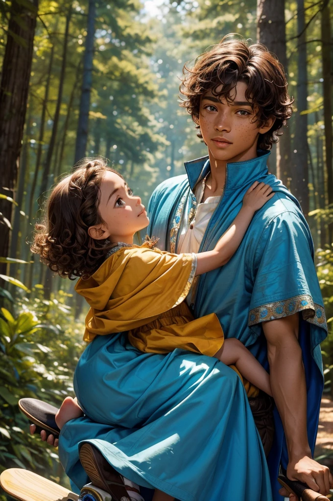 create the image in a forest with trees blue sky and flowers a prince with caramel skin cape, brown rabbit with honey-colored eyes riding a skateboard while carrying his princess with short brown curly hair in his arms , brown eyes and freckles on her face dressed in a blue dress