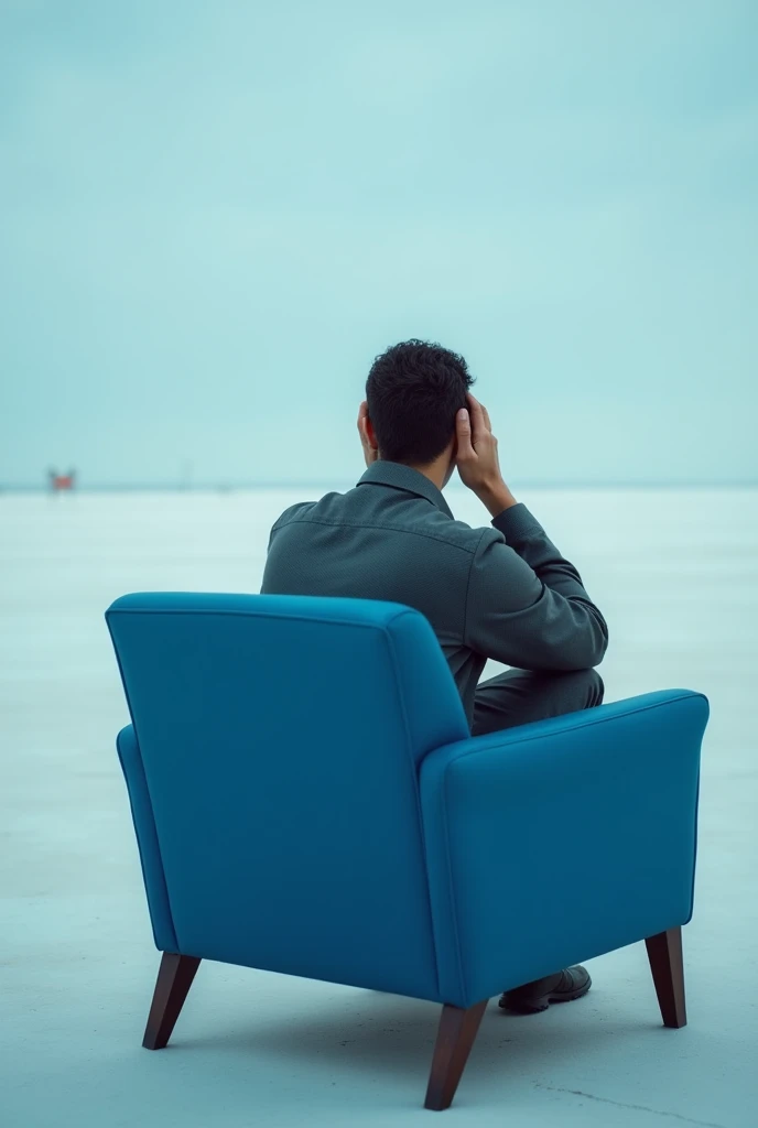 Man sitting on a blue piece of furniture that looks far away in the image and there is space at the bottom with his hands on his head so that it looks real