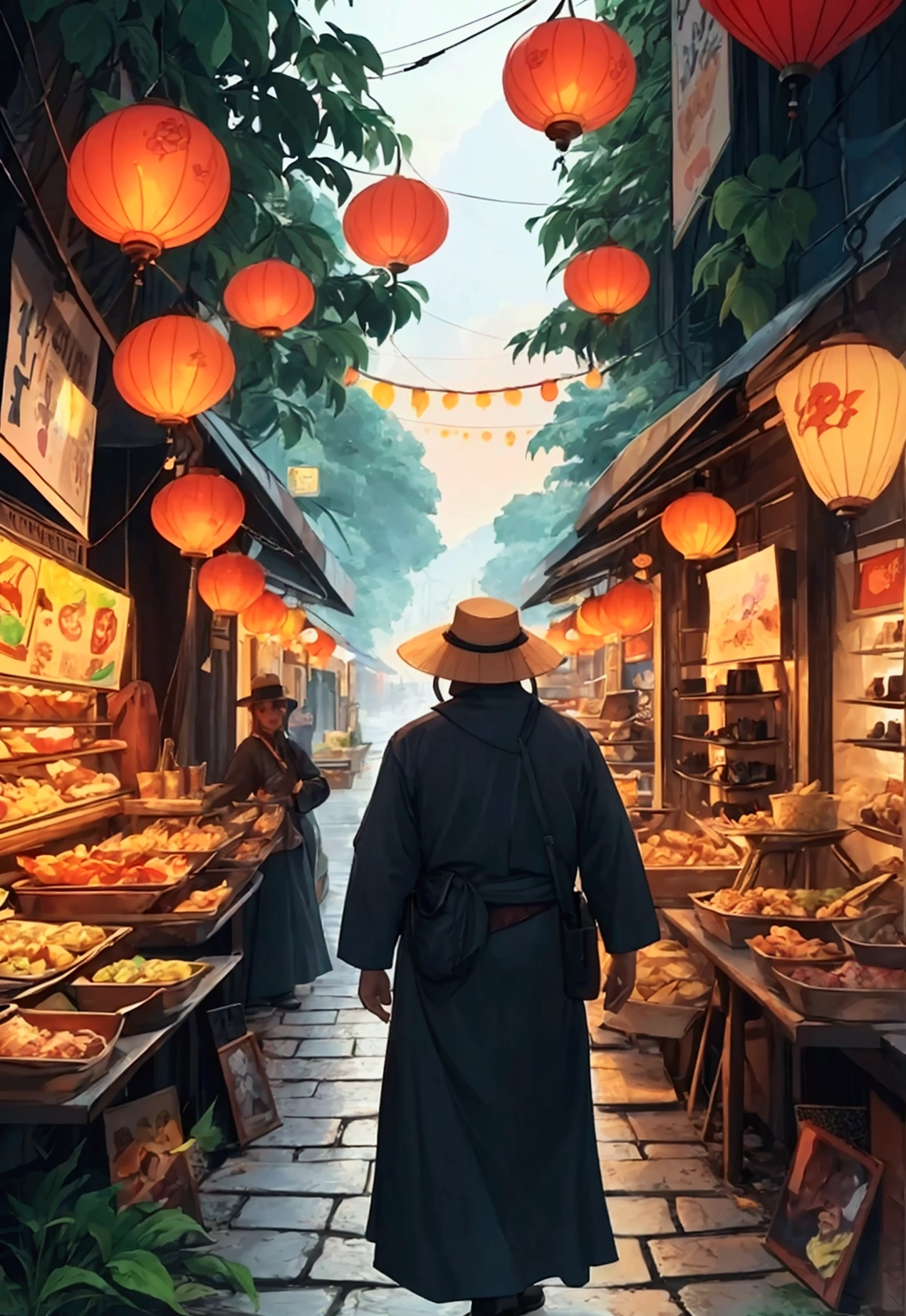 a poster for a festival with a man in a hat and a bunch of food, illustrated poster, poster illustration, official poster, large view, llustration, cover shot, promotional poster, by Ludovit Fulla, in style of lam manh, art cover, poster, poster cover art, vibrant tourism poster, poster design, full poster, vietnam, cover illustration