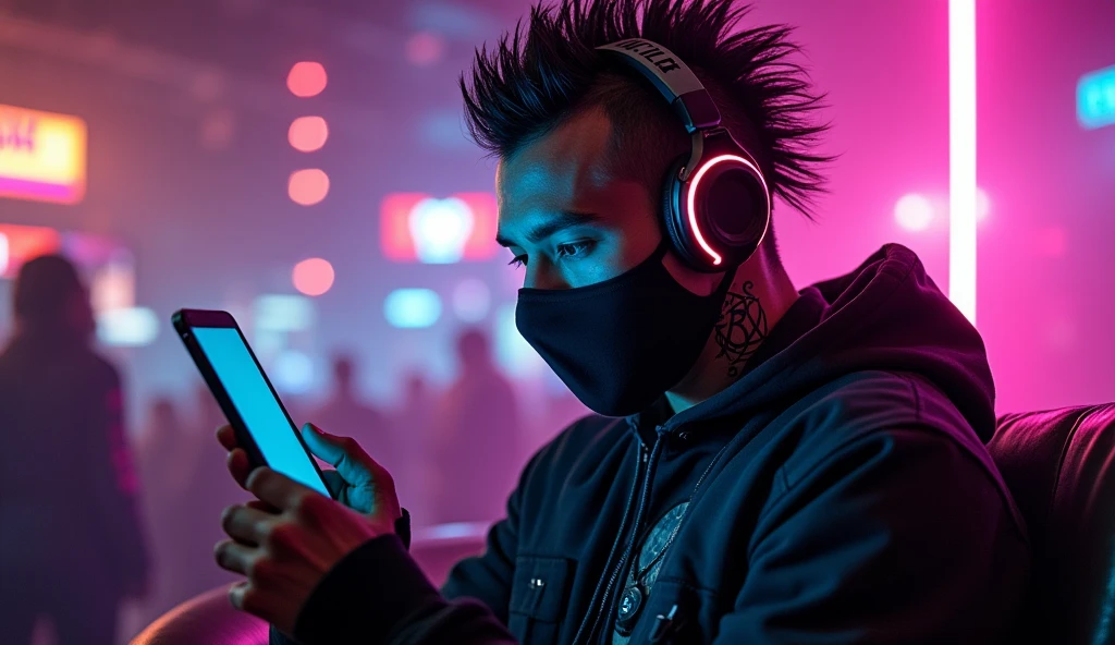 cyberpunk Man With cybernetic implants in his head and eyes, a relaxed face looking at his cell phone, With ninja outfit, mohawk hair, anarchy mask, neon headphones and a sample abdomen with a semi-hidden tattoo, Nightclub background 