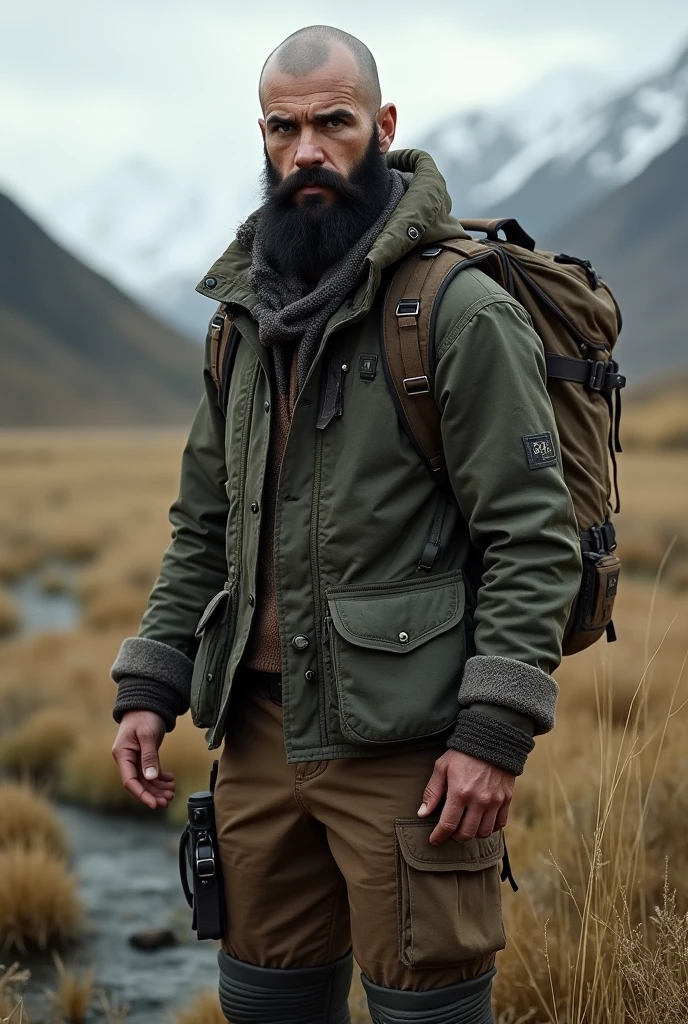 (photorealism:1.2), badass young bald man, black trimmed beard, grey eyes, explorer