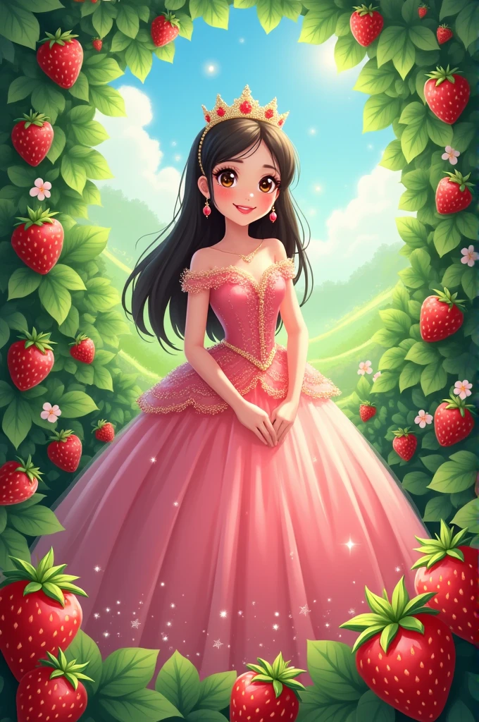 Quinceanera girl anime with strawberry background and strawberry dress and green background with lots of leaves