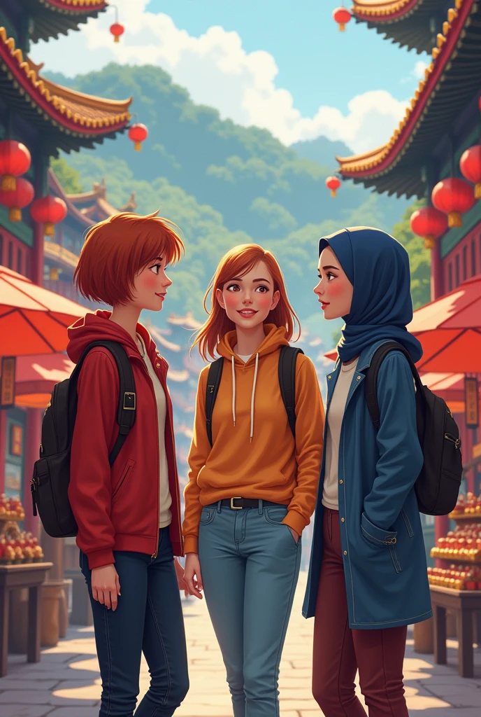 Create image of me and my friends. We are visiting china.We are girls 

One friend is short in height and she have short hair looking blood
Iam a tall person and have long hair 
Other friend is medium in height and wear hijab 

 