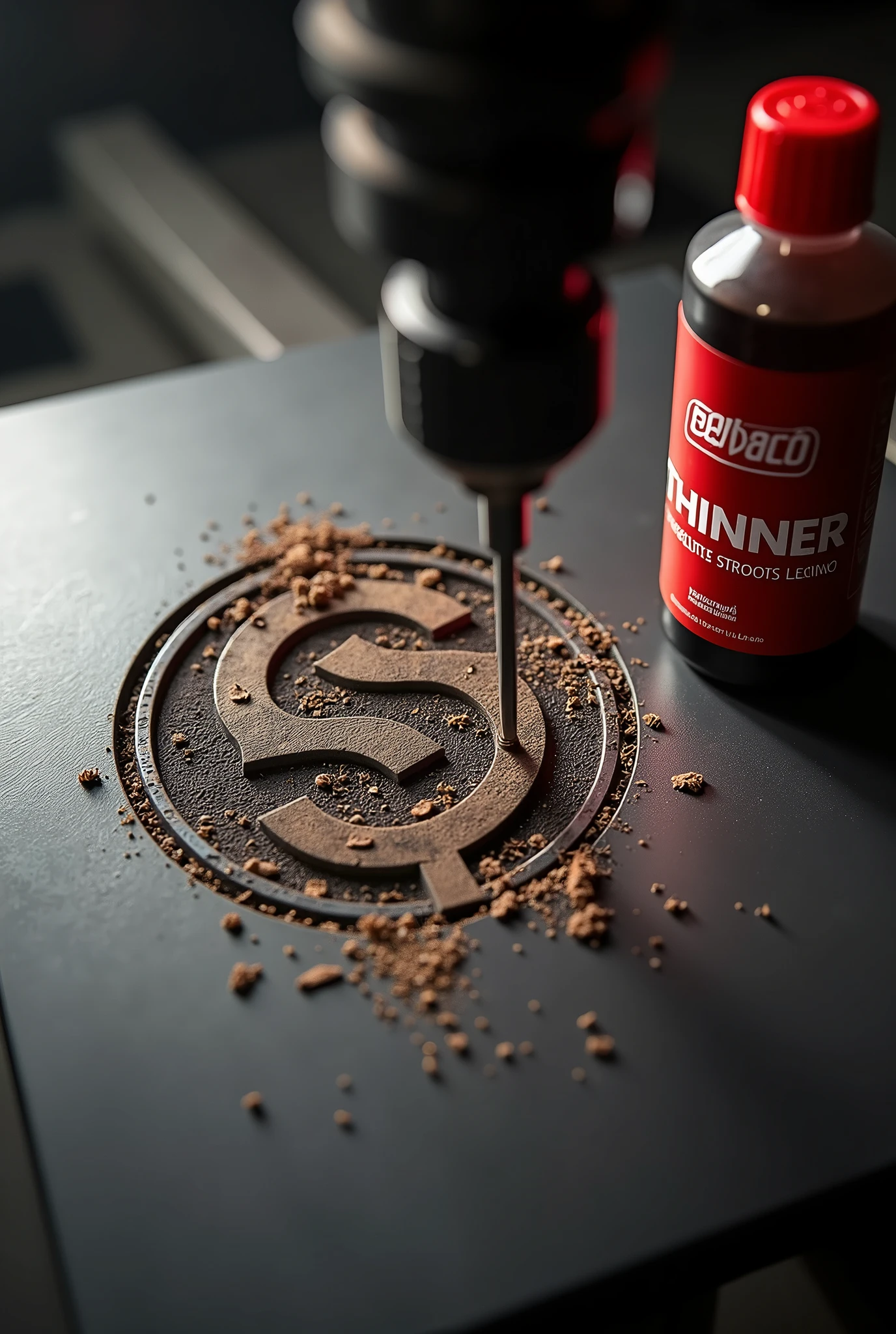 A visually striking cover design where a powerful tool, such as a drill or engraving tool, is actively carving the logo of Grupo Solquim into a solid surface, like metal or wood. The logo appears partially completed, with fine details and shavings visible around the carved area, emphasizing the precision of the work. To the side of the scene, prominently positioned, is a bottle of Thinner with a red label, featuring legible text displaying the product name 'Thinner' and the Grupo Solquim logo. The bottle stands upright, slightly angled towards the logo being carved, as if it's part of the process. The background is simple and neutral, ensuring all attention is on the action of the tool and the Thinner bottle. The lighting casts dramatic shadows, highlighting the depth of the carving and the glossy finish of the Thinner bottle, creating a cohesive and powerful visual narrative.