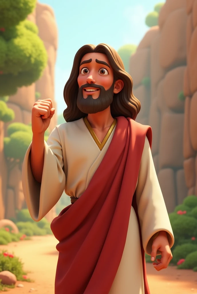 Create a Pixar-style cartoon of Jesus Christ, with his right hand clenched.