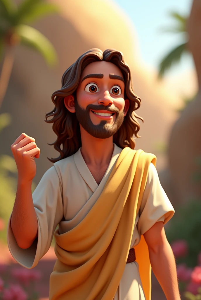 Create a Pixar-style cartoon of Jesus Christ, with his right hand clenched.