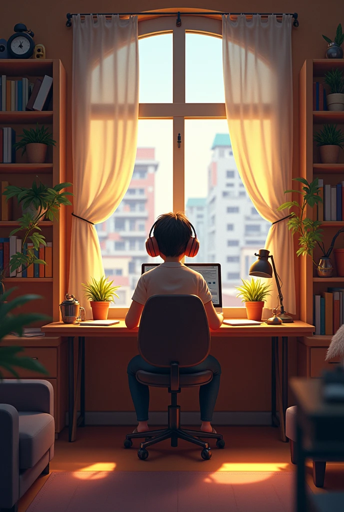 Create an image featuring a character sitting at a desk with headphones on, in a cozy room with warm lighting. The room should have elements such as books, decorations, and a window showing either a cityscape or nature. The atmosphere should be calm and inviting, suitable for studying or relaxing. Include soft shadows to enhance the warmth of the scene."