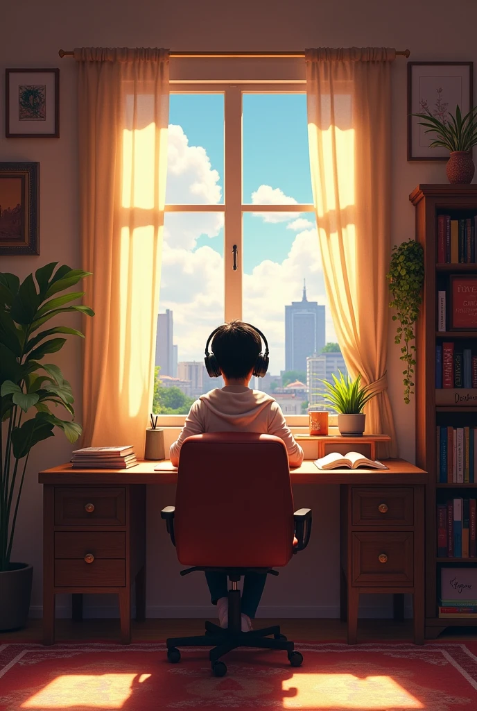 Create an image featuring a character sitting at a desk with headphones on, in a cozy room with warm lighting. The room should have elements such as books, decorations, and a window showing either a cityscape or nature. The atmosphere should be calm and inviting, suitable for studying or relaxing. Include soft shadows to enhance the warmth of the scene."