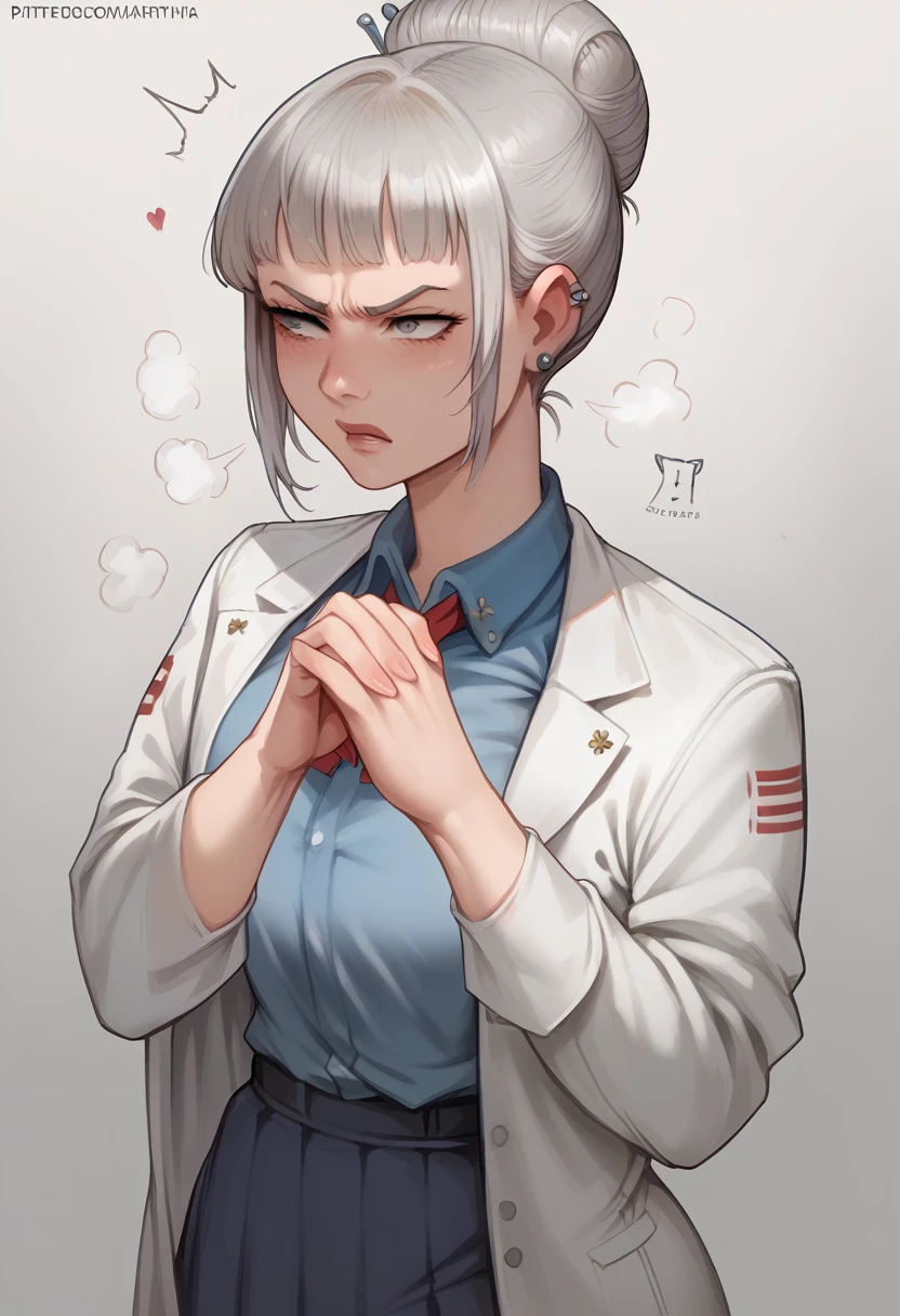 A science teacher with gray hair tied in a tight bun, standing in a white lab coat over her school uniform. She is facing the camera with a cold, calculating expression, her eyes a piercing blue. Her posture is rigid and formal, hands clasped in front of her, giving off an intimidating aura of authority and intellect.