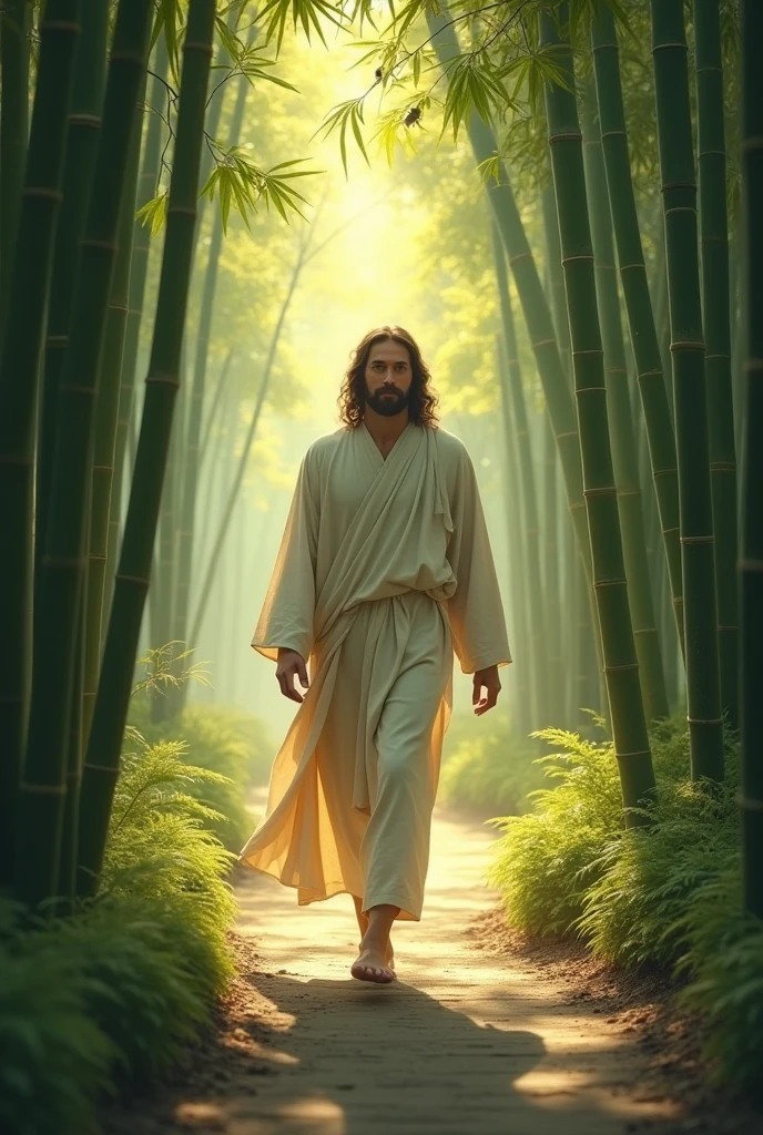 Jesus Walking Through a Bamboo Forest: A serene image of Jesus walking barefoot along a path through a dense bamboo forest. The tall green bamboo stalks rise up all around him, filtering soft sunlight onto the path. He is smiling gently, with a peaceful expression as he moves through the quiet, tranquil space, his robes lightly brushing the ground. The soft rustling of leaves and birdsong create a calming atmosphere.