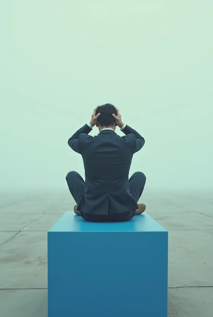 Man in front sitting on a blue piece of furniture so that the image looks far away and there is space at the bottom with his hands on his head so that it looks real