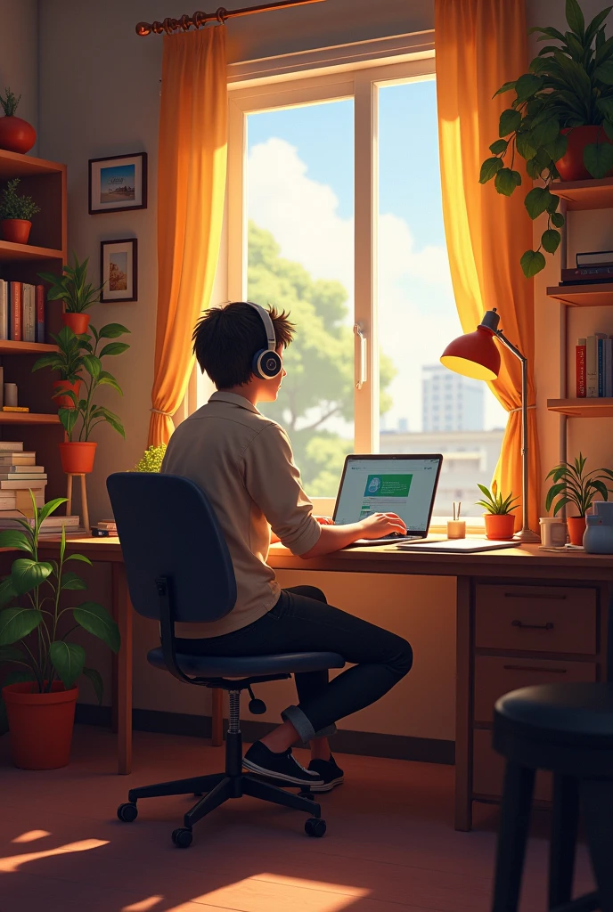 Create an image featuring a character sitting at a desk with headphones on, in a cozy room with warm lighting. The room should have elements such as books, decorations, and a window showing either a cityscape or nature. The atmosphere should be calm and inviting, suitable for studying or relaxing. Include soft shadows to enhance the warmth of the scene."