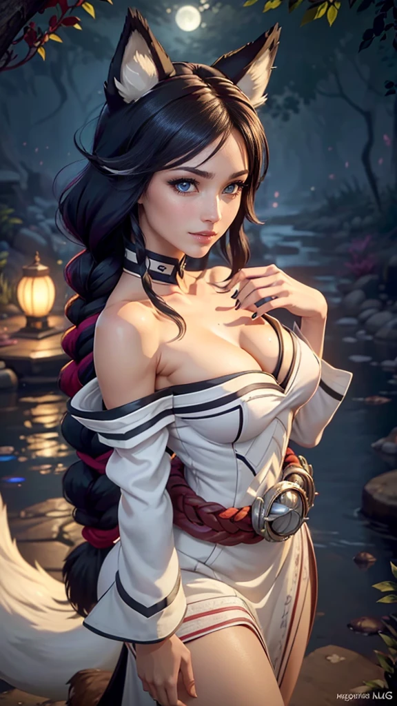 Ahri da league of legends,(best qualityer,4K,8k,high resolution, work of art:1.2)(weather: moonlight), Japanese female, spirit forest pond background, red and white long sleeve korean kimono dress, cleavage, spirit sphere, cute makeup, thigh high boots, belt, long multicolored white hair, braided hair, fox ears, numerous fox tails, ultra detailed, realistic, portrait, beautiful detailed green eyes, freckles, beautiful detailed lips, extremely detailed eye and face, beautiful girl, long eyelashes, sexly, average, large breasts, beaming smile, playing, stunning curves, bright coloured, dramatic lighting, wet body,