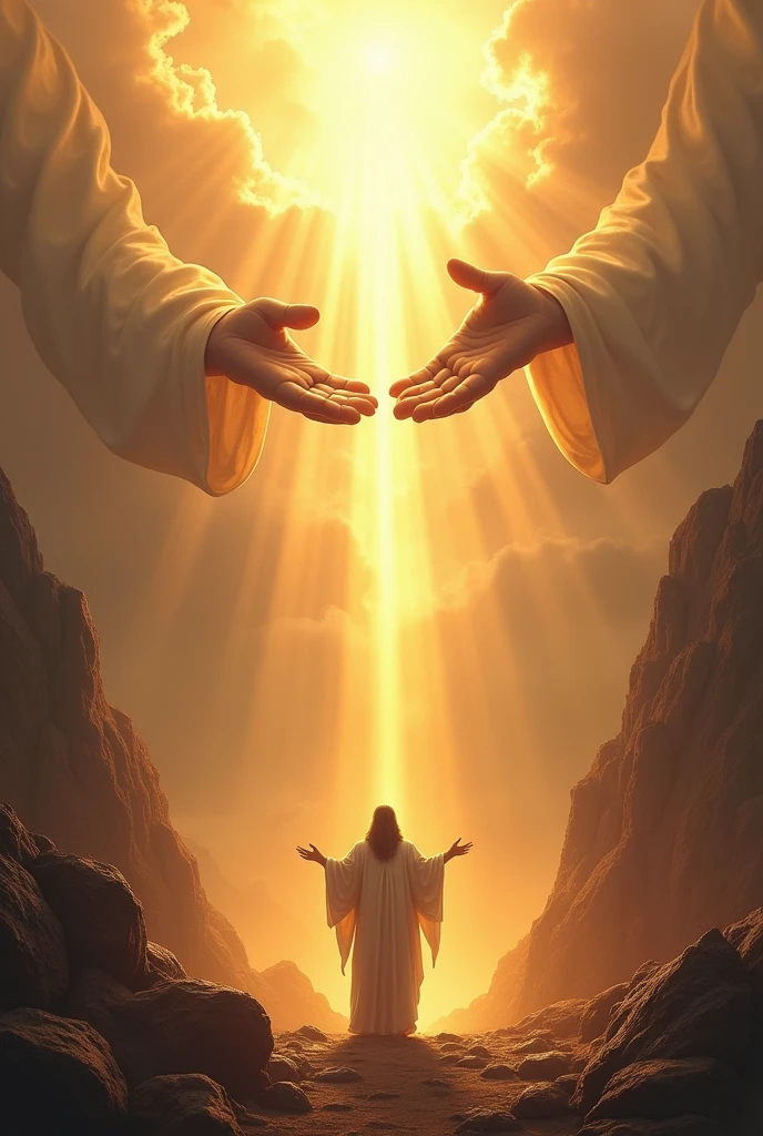 THE HANDS OF CHRIST COMING DOWN FROM HEAVEN AND HANDING THE ROCK TABLETS WITH THE LAWS TO MOSES IN THE MIDDLE OF SUN RAYS