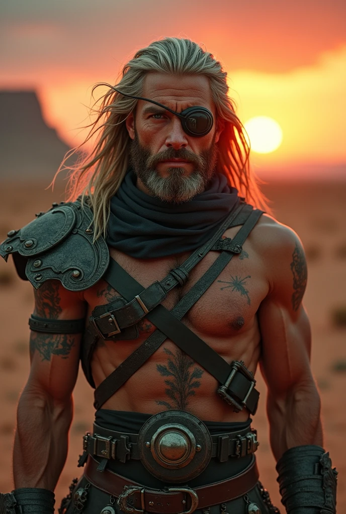 photoshot: close up of a star warrior looking at the devastated horizon, inspired by Zoltan Boros, Scenario: apocalyptic madmax movie style road to destruction, charachter:he wears an eyepatch on his right eye and the other eye is aqua green in color, long shoulder length hair, a lock of white hair, unshaven beard, fixed and penetrating gaze, Lighting: sunset sun in the desert in a sky with reddish tones, outfit: armadura estilo medieval expondo braços musculosos e abdômen definido do charachter, sight: frontal camera.