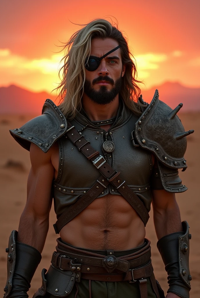 photoshot: close up of a star warrior looking at the devastated horizon, inspired by Zoltan Boros, Scenario: apocalyptic madmax movie style road to destruction, charachter:he wears an eyepatch on his right eye and the other eye is aqua green in color, long shoulder length hair, a lock of white hair, unshaven beard, fixed and penetrating gaze, Lighting: sunset sun in the desert in a sky with reddish tones, outfit: armadura estilo medieval expondo braços musculosos e abdômen definido do charachter, sight: frontal camera.
