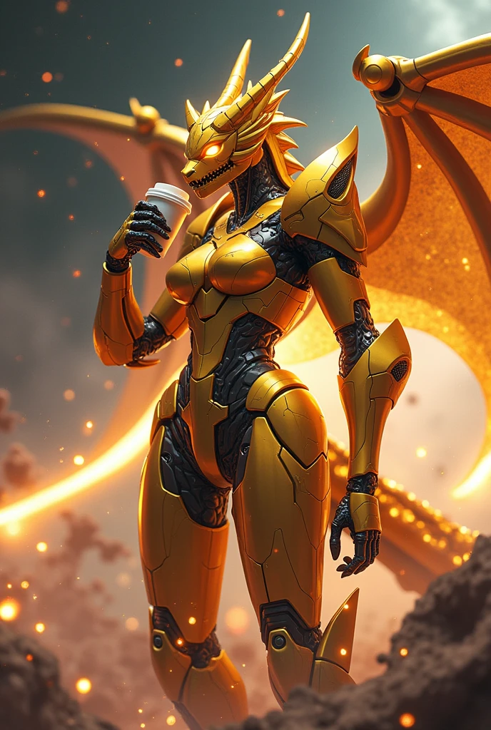 Epic gold laser dragon space robot girl destroyer drinking coffee