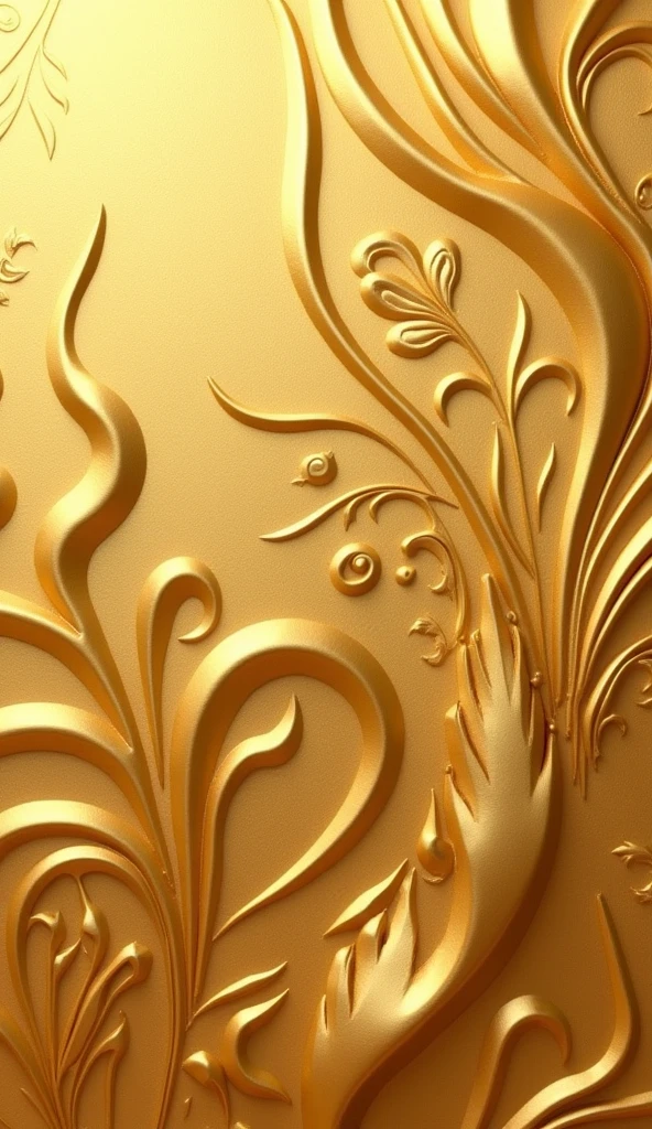 High quality golden abstract background with rich and complex texture. Organic pattern design evoking stylized leaves and floral motifs, subtly integrated into the background. Embossed or beveled effect that creates visual depth. Fluid curved lines and interlocking shapes with variations in intensity to add dimension. Dominant golden hue with subtle variations that enhance the perception of depth and movement. Luxurious and elegant appearance, similar to a luxury wallpaper or decorative panel. Texture that combines smooth areas with intricate details, creating a rich and sophisticated visual effect.