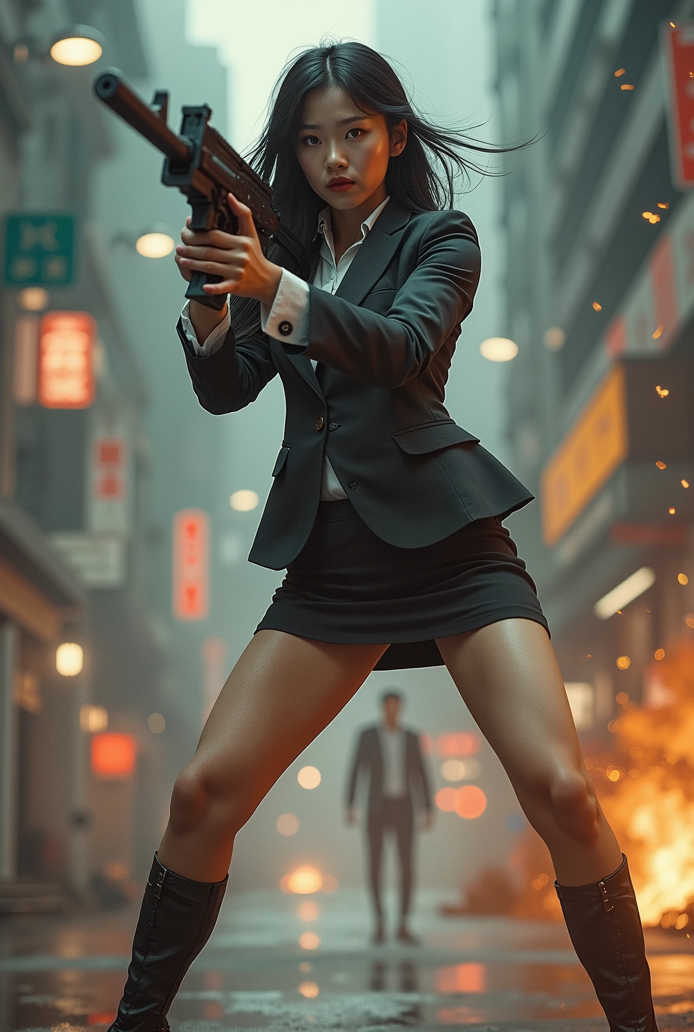 beautiful chinese office lady mini skirt realistic machine gun toting hip firing real person legs apart standing rampage shooting



