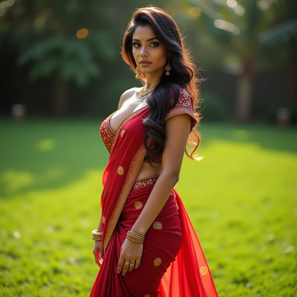 Indian Wife with a huge round and long line visible in a folded saree, HDR, 8k, hyperdetailed, best quality, ultra-high resolution, HDR, curved body, 8k, walking on the lawn , look at viewer