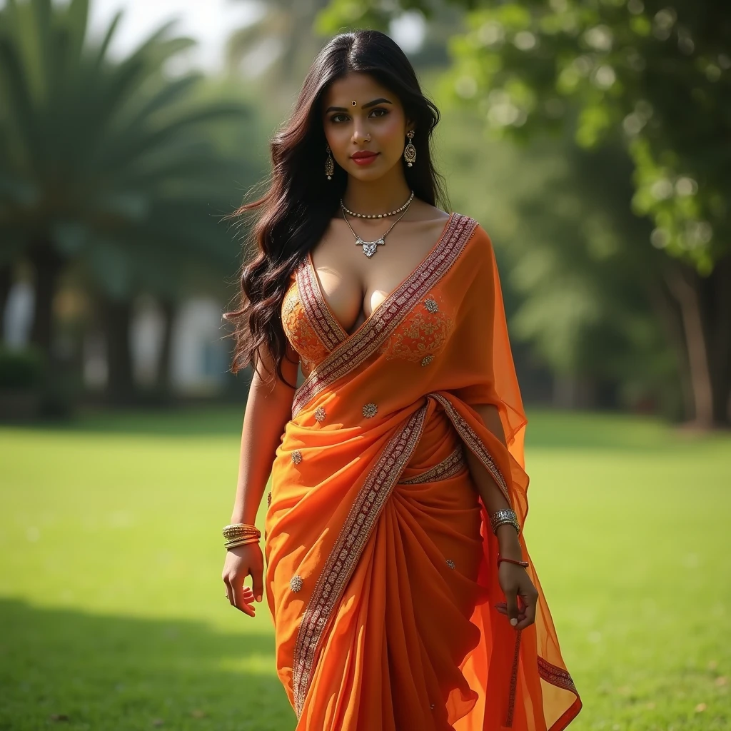 Indian Wife with a huge round and long cleavage line visible in a folded  saree, HDR, 8k, hyperdetailed, best quality, ultra-high resolution, HDR, curved body, 8k, walking on the lawn , look at viewer