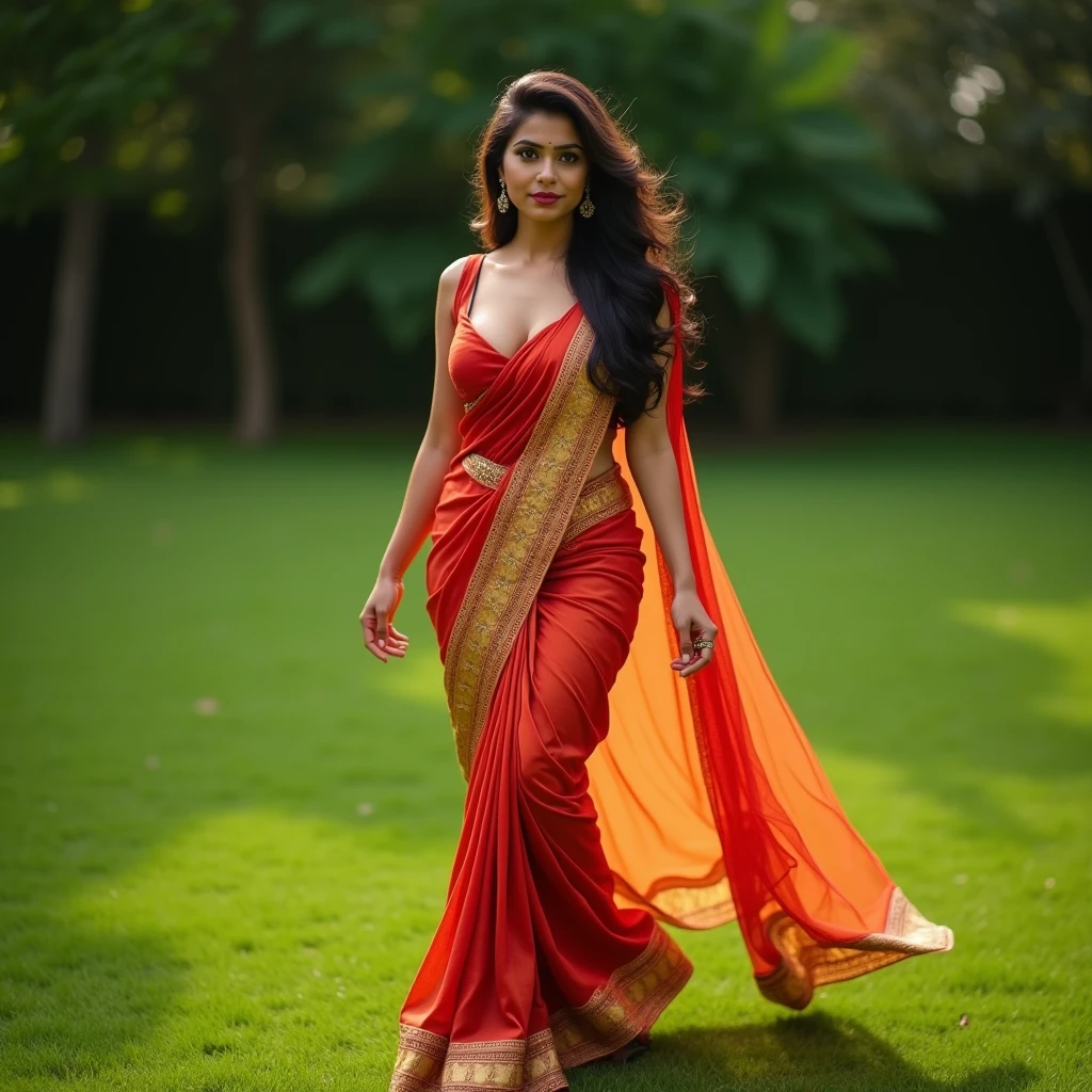 Indian Wife with a huge round and long cleavage line visible in a folded saree, HDR, 8k, hyperdetailed, best quality, ultra-high resolution, HDR, curved body, 8k, walking on the lawn , look at viewer