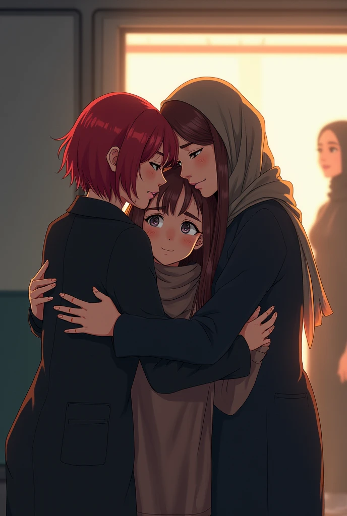 Create image of me and my friends. We are saying goodbye to each other.We are girls 

One friend is short in height and she have short hair looking blood
Iam a tall person and have long hair 
Other friend is medium in height and wear hijab 

 
