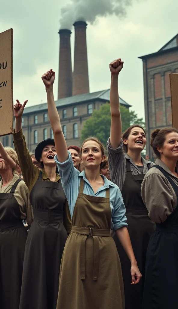 A group of factory workers, mostly women, stand united, holding signs with determined expressions; late 19th century; dressed in simple work attire with long skirts and aprons; outside a large brick factory in London; they are raising their signs and fists in a protest; in the background, the factory's smokestacks emit smoke into a cloudy sky; wide shot with a focus on the workers; hyper-realistic, photo realism, cinematography. Photo realism, cinematography. The camera lens size should be 200mm, aperture f/4.5, and ISO 1600. The artistic medium should be color photography.