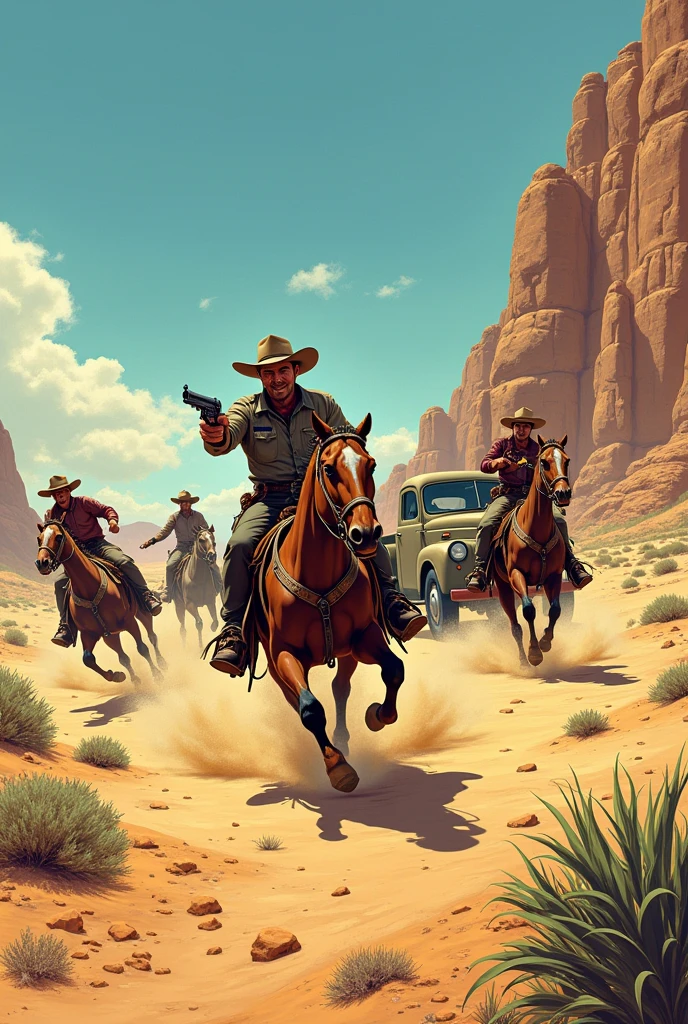 Hyperrealistic color comic from the 1950s in the middle of the desert, the sheriff travels in his truck chasing three cowboys who shoot with their pistols