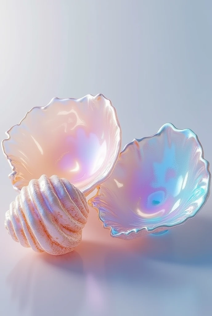 (photorealism: 1.2), photo realistic of iridescent transparent seashells