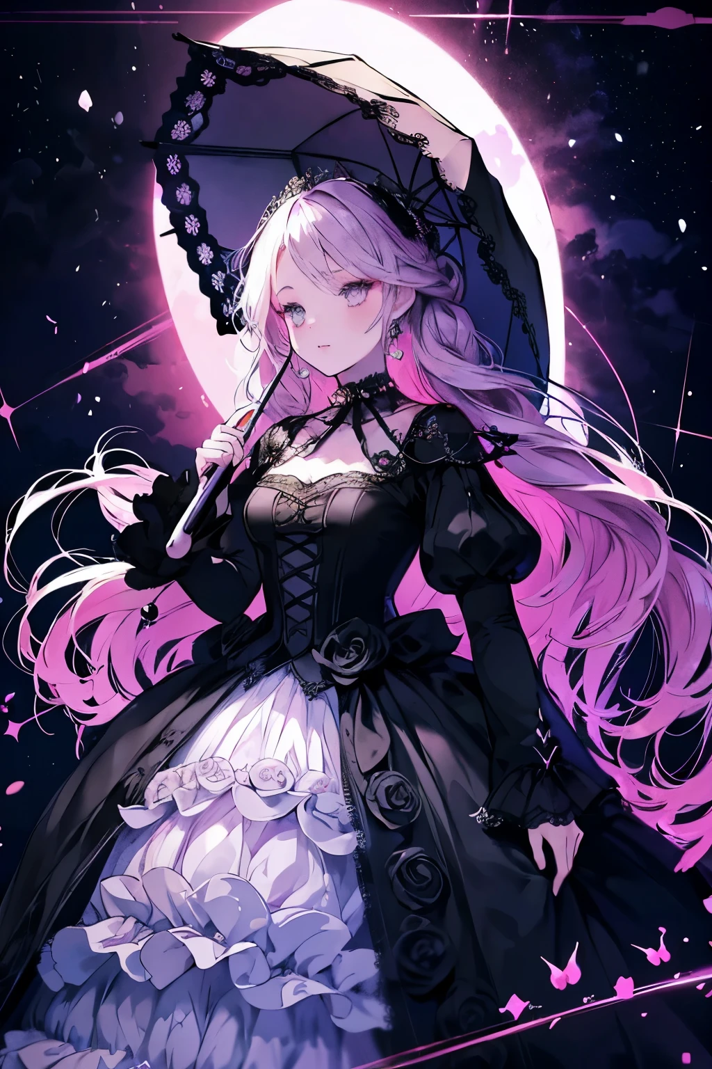 Anime girl in skirt holding umbrella in dark room, Moon themed clothing, fantasy costumes, rococo cyberpunk, Elegant Gothic Princess, black and pink clothing, gothic shoujo anime girl, Astral Witch Clothes, ta fashion, ((beautiful fantasy queen)), Charming hypnotic woman, Dress up in dreamy formal attire, lulua workshop, fairy tale core, I&#39;m going
