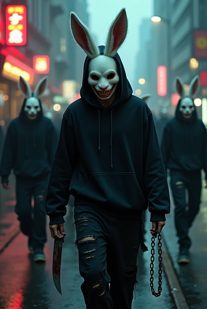 lizoldBS_soul3142,1 20 males, furry White bloody rabbit mask with creepy smile and yellow bloody teeth, completely Black torn hoodie, standing in the city street at night, neon lights in the background, steampunk, dystopia, ethereal, detailed, masterpiece, best quality, dramatic lighting, full body, torn Black pants, blood stains, walking to camera, holding ritual knife in the right hand, massacre in the background, chains in left hand