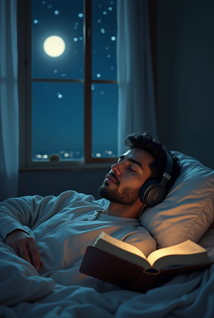 A young Muslim man listening to Quran in headphones and he sleeping in bed and see the sky