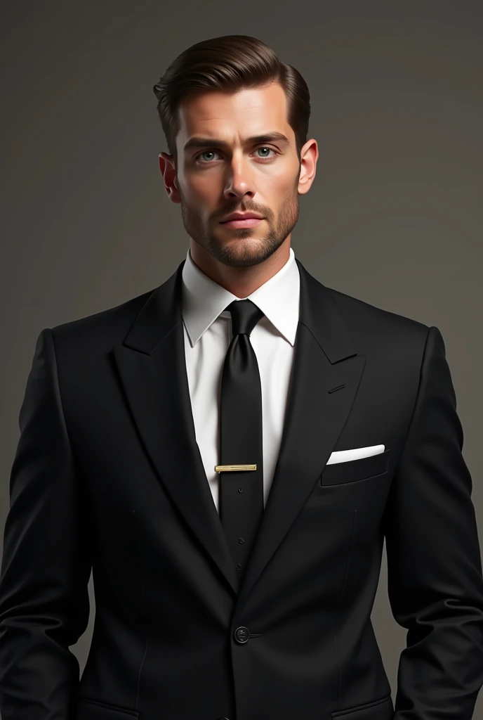 Mate black suit close with white inner shirt with tie