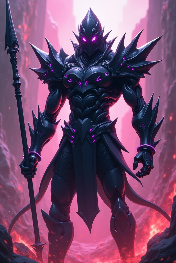 warrior with spear, humanoid appearance, no shield, Fins on the arms and legs, armor with spikes similar to sea creatures, helmet, yugioh style, black armor and helmet, sea creature, without syrup, thin and muscular body, armor over the entire body, the armor must be black, must have rviolet eyes and fins on the arms and fins on the legs, warrior of atlantis, fish fins are located in the forearm and calf region. The helmet resembles the head of a shark, details with bright pink and violet palette along the armor, chaos creature, masculine creature, no mouth, the armor covers the entire body and is shiny black, warrior, chaotic scene with pink red and violet palettes