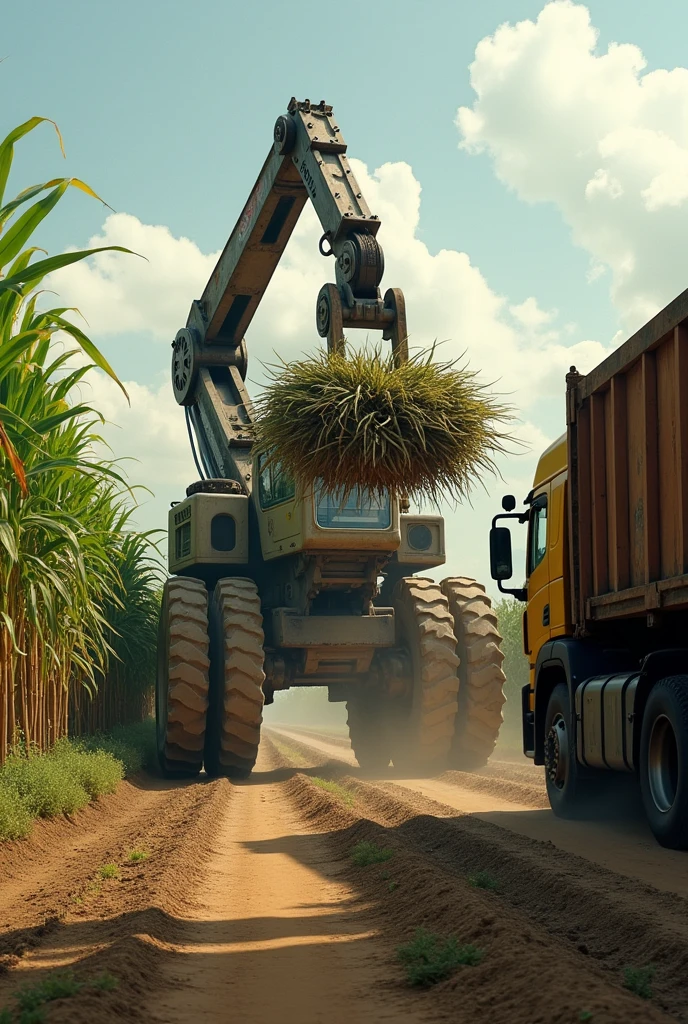 Sugarcane loading machine loading sugarcane into a sugarcane transport truck.