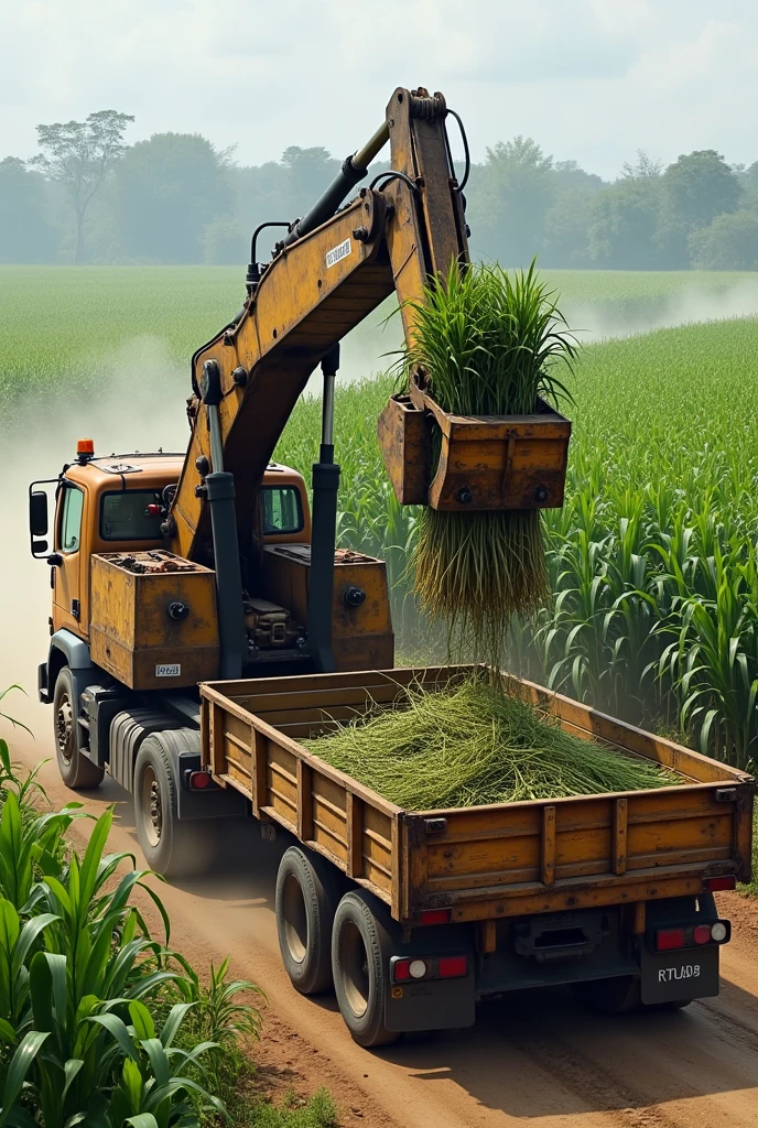 Sugarcane loading machine loading sugarcane into a sugarcane transport truck.